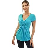 AmélieBoutik Women V Neck Twist Knot Front Casual T-Shirt Short Sleeve Blouse