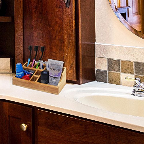 Small Multifunctional Bamboo Organizer | Desk Caddy | Home Office Accessory Tray | School Art Supply Holder | Pen Pencil Brush Compartment | Kitchen Bathroom Countertop Storage by SplashSoup