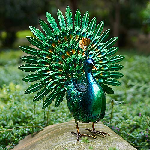 Chisheen Solar Peacock Statue Metal Yart Art with Solar Light Outdoor Garden Statues and Sculpture