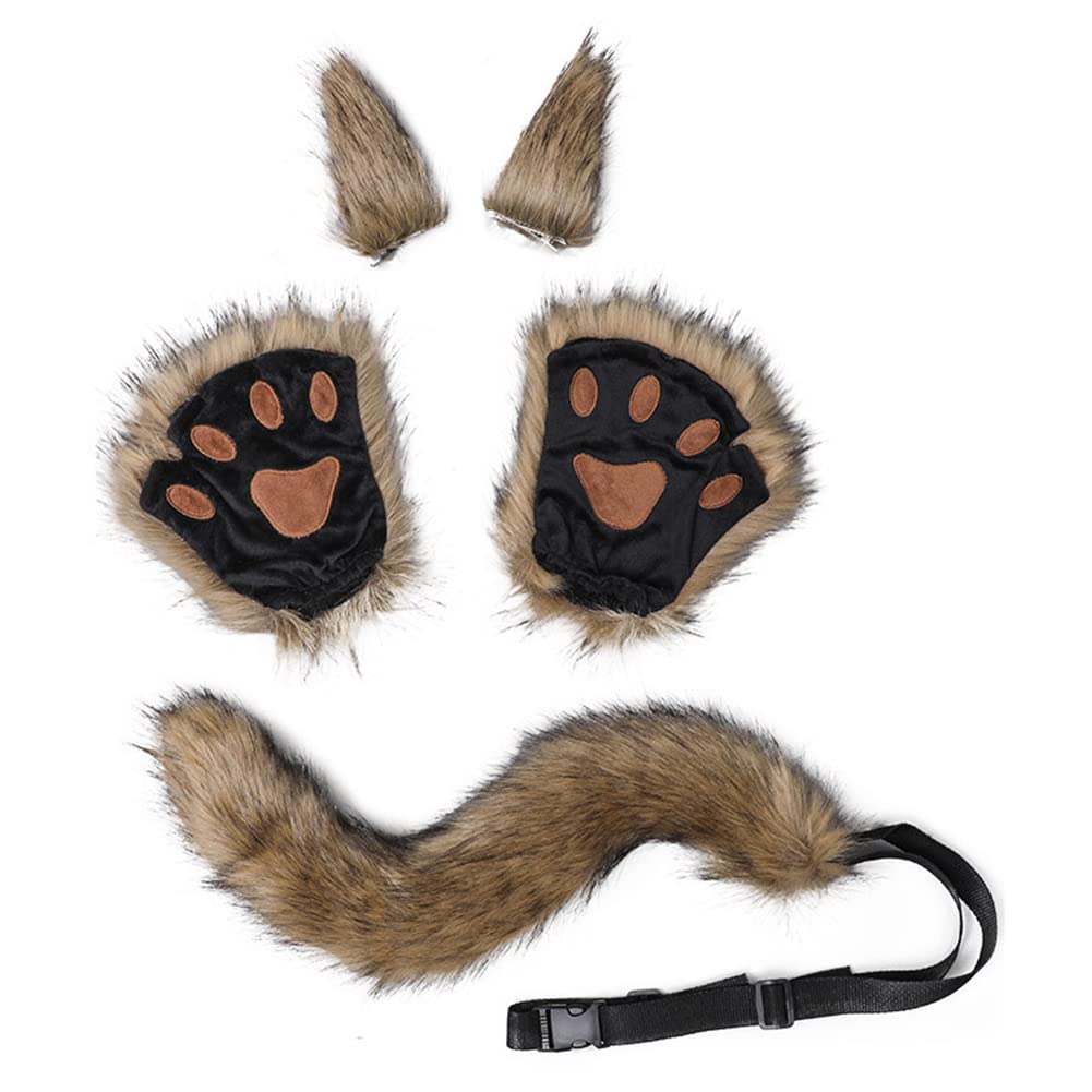 Faux Fur Beast Claw Ear and Tail Set Bear Wolf Cosplay Costume Fancy Dress Plush Paw Gloves Animal Ear Headband for Men Women Halloween Costume Cosplay and Animal Themed Party