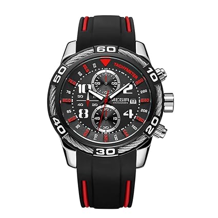 Megir Luxury Sports Charcoal Black Chronograph Watch with Free Bracelet for Men & Boys (2045G).