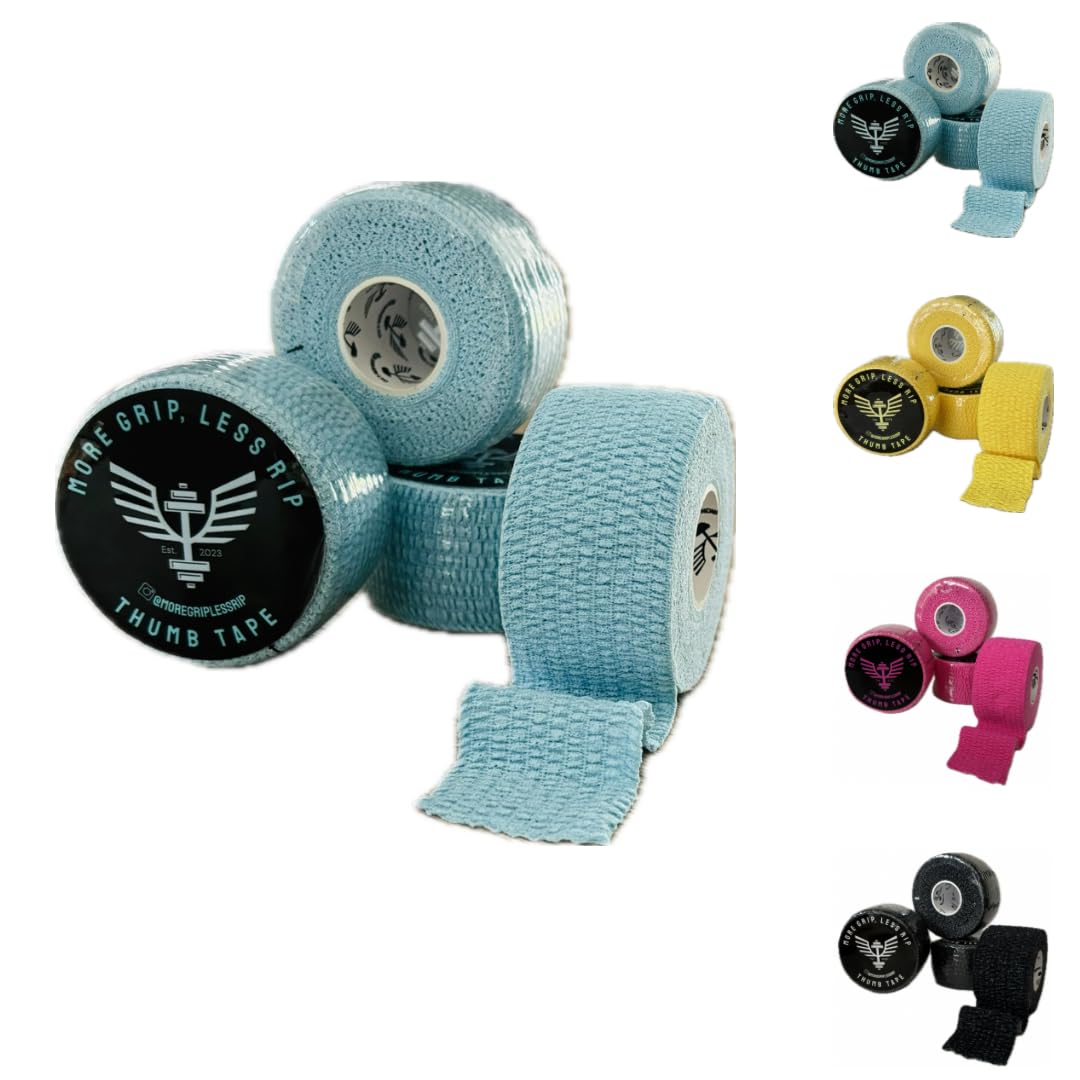 More Grip, Less Rip Thumb Tape, 6.9m, 4 Rolls, for Crossfit Weightlifting Hook Grip Tape Gymnastics, Reduced Rollup, Super Stretchy, Hand Tearable, Latex Free, Hypoallergenic (Light Blue)
