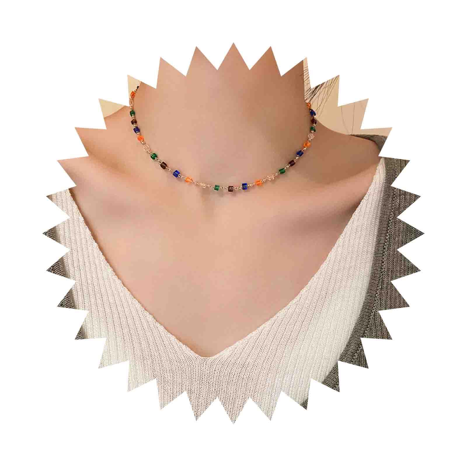 Cimenexe Bohemian Rainbow Bead Choker Necklace Gold Seed Bead Necklace Colorful Cube Chain Necklace Handmade Rainbow Rice Bead Necklace Jewelry for Women and Girls Gifts