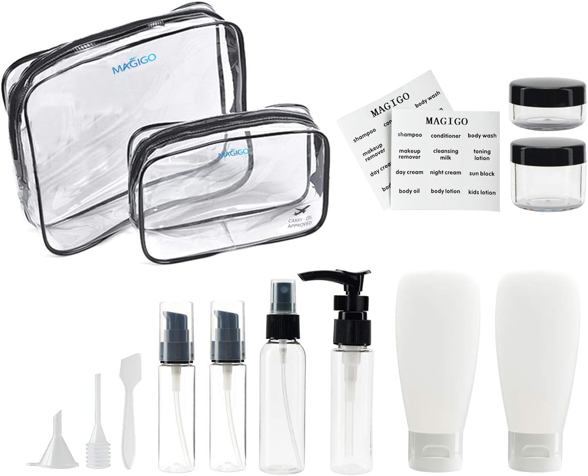 MAGIGO Black Toiletries Leak Proof Travel Bottle Set (14 Pack), TSA Approved Airline Carry-On with 2 Clear Bags
