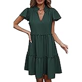 Famulily Summer Dress for Women Ruffle Cap Sleeve Pleated V Neck Dress Tiered Swing A Line Babydoll Mini Dress