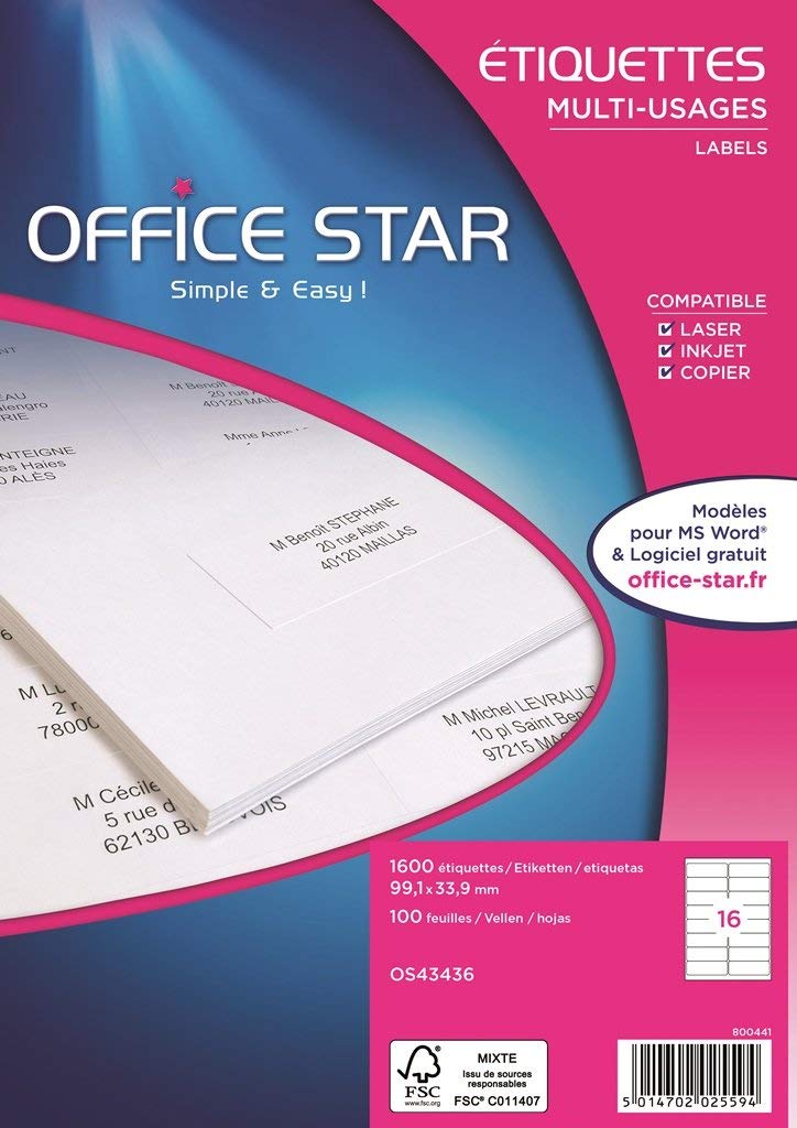 Office Star bôite 1600 Multi-Purpose Labels 99.1 x 33.9 mm White
