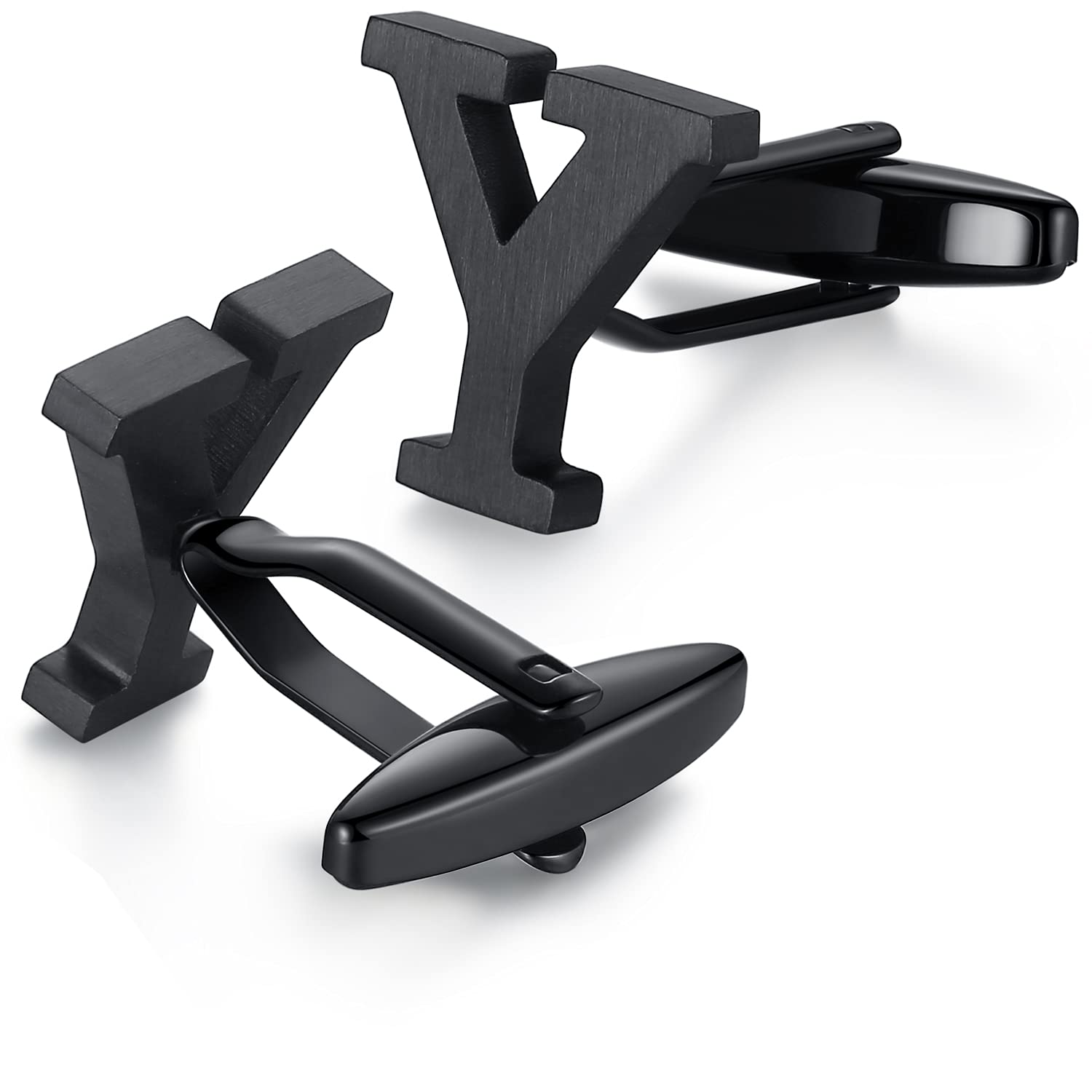 HONEY BEAR Mens Initial Alphabet Letter Cufflinks,Stainless Steel for Wedding Formal Business Gift (Y-Black)