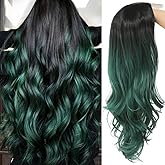 Tseses Green Curly Wigs for Women - Long Middle Part Natural Wavy Wig - Black Ombre - Synthetic Hair - Cosplay Halloween Costume Wigs