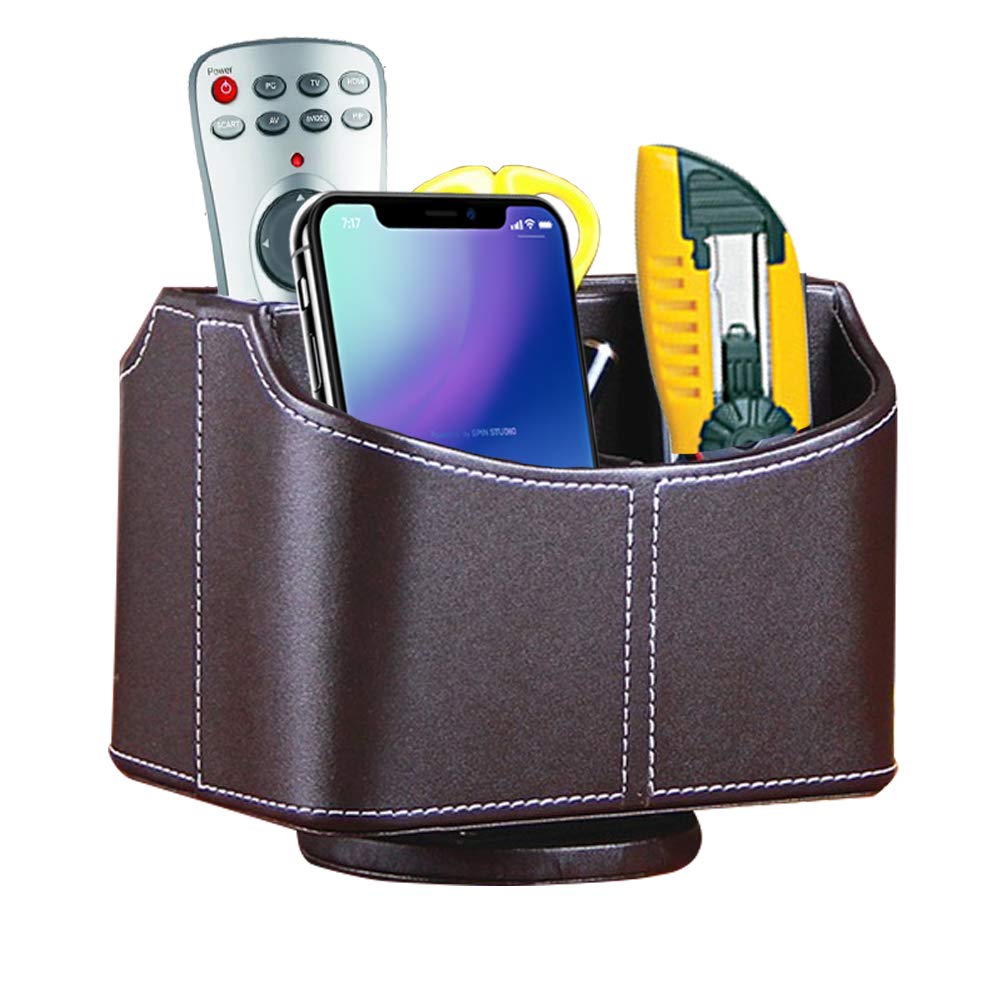 Fosinz Remote Control Holder PU Leather 360 Degree Rotatable Desk Organiser TV Pen Storage Caddy with 5 Compartments for Living Room & Office (Brown)