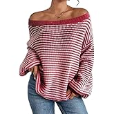 Women's Oversized Striped Sweater Casual Off The Shoulder Sweater Fall Long Sleeve Loose Knit Pullover Jumper Tops