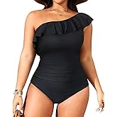 Aqua Eve Plus Size Bathing Suits for Women One Piece Swimsuits One Shoulder Ruffle Tummy Control Swimwear