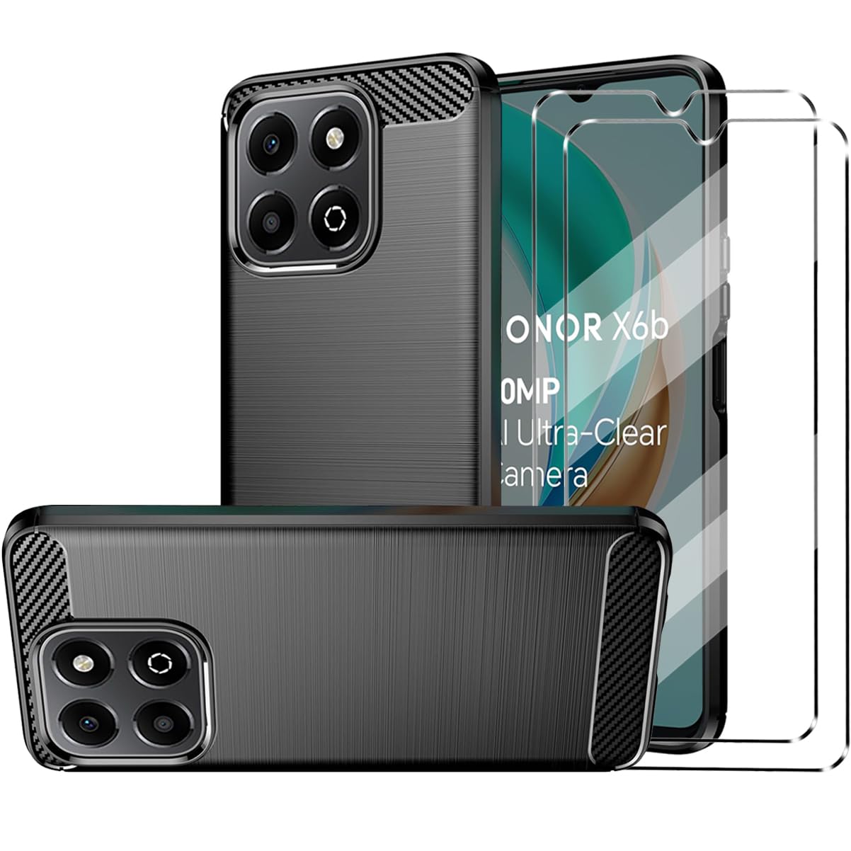 HuiYouMY 3-in-1 Case Compatible with Honor X6B Cover with 1 Pack Tempered Glass Screen Protector for Honor X6B, Slim Fit Soft TPU Shockproof Anti-Scratch Phone Case - Black — image 1