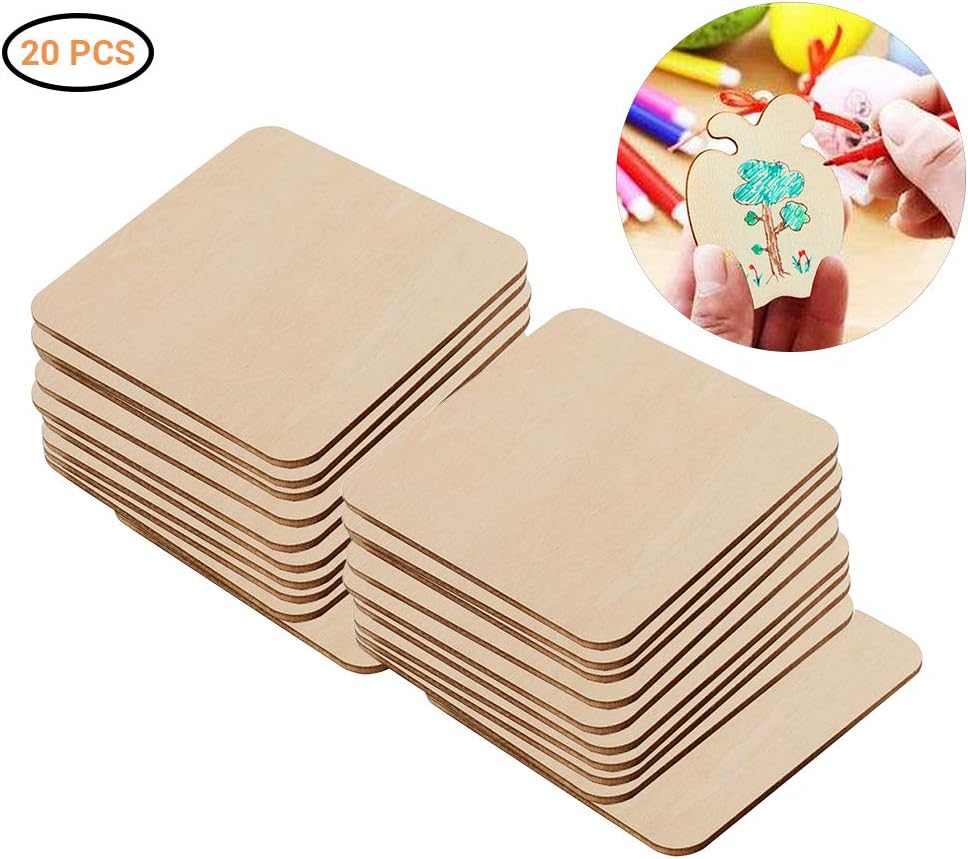 Kikier 20 Pack Unfinished Blank Wood Board Wooden Square Plate for DIY Craft Projects Pyrography Art