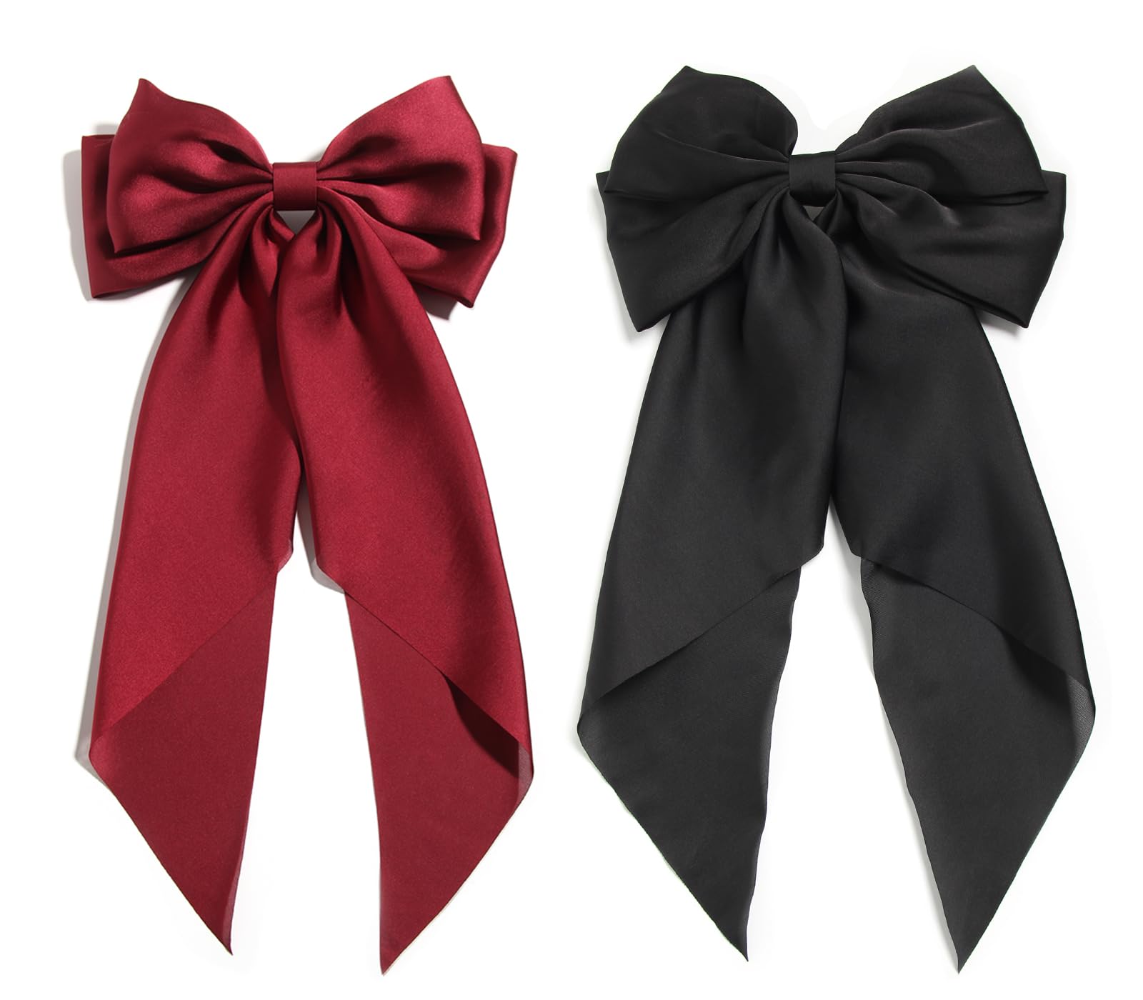 Black Hair Bow Barrette Clips for Women,Burgundy Red Bows Hairpin Long Satin Tail,Large Bows for Girls Hair Barrettes Girly Accessories 2 Pack