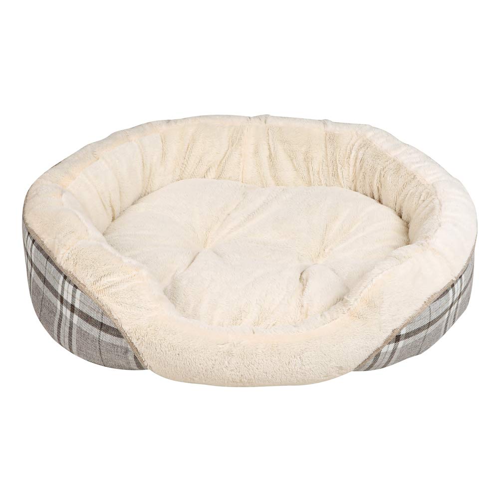 Pet Brands Grey Tartan Check Round Dog Bed, Small/Medium Dog Bed with Warm Plush & Reversible Inner - 65x50x20cm