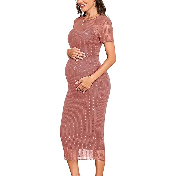 Floral Mesh Bishop Short Sleeve Maternity Midi Dress, Side Split Maternity  Bodycon Dress for Baby Shower/Photoshoot Green S at Amazon Women's Clothing  store
