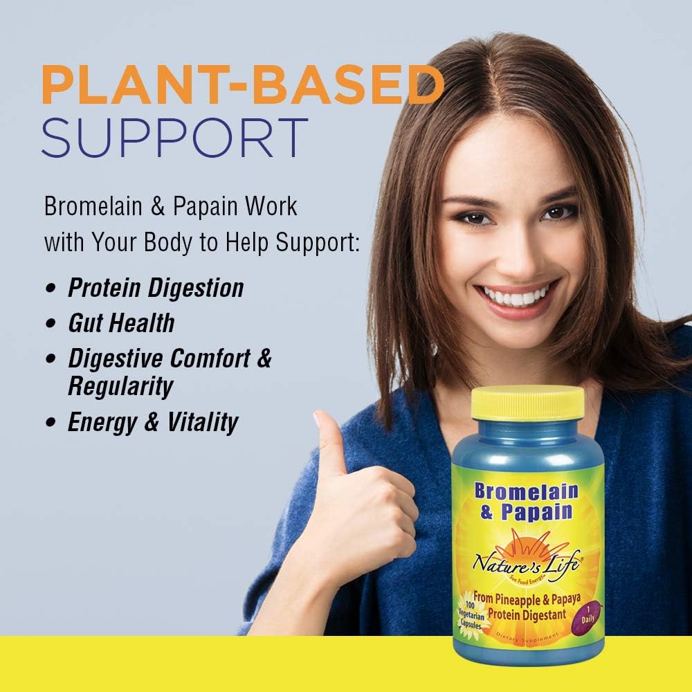 Natures Life Bromelain & Papain | Proteolytic Enzymes for Digestive Support & Comfort | from Pineapple & Papaya | 250mg Ea | 100 Vegetarian Capsules: Health & Personal Care