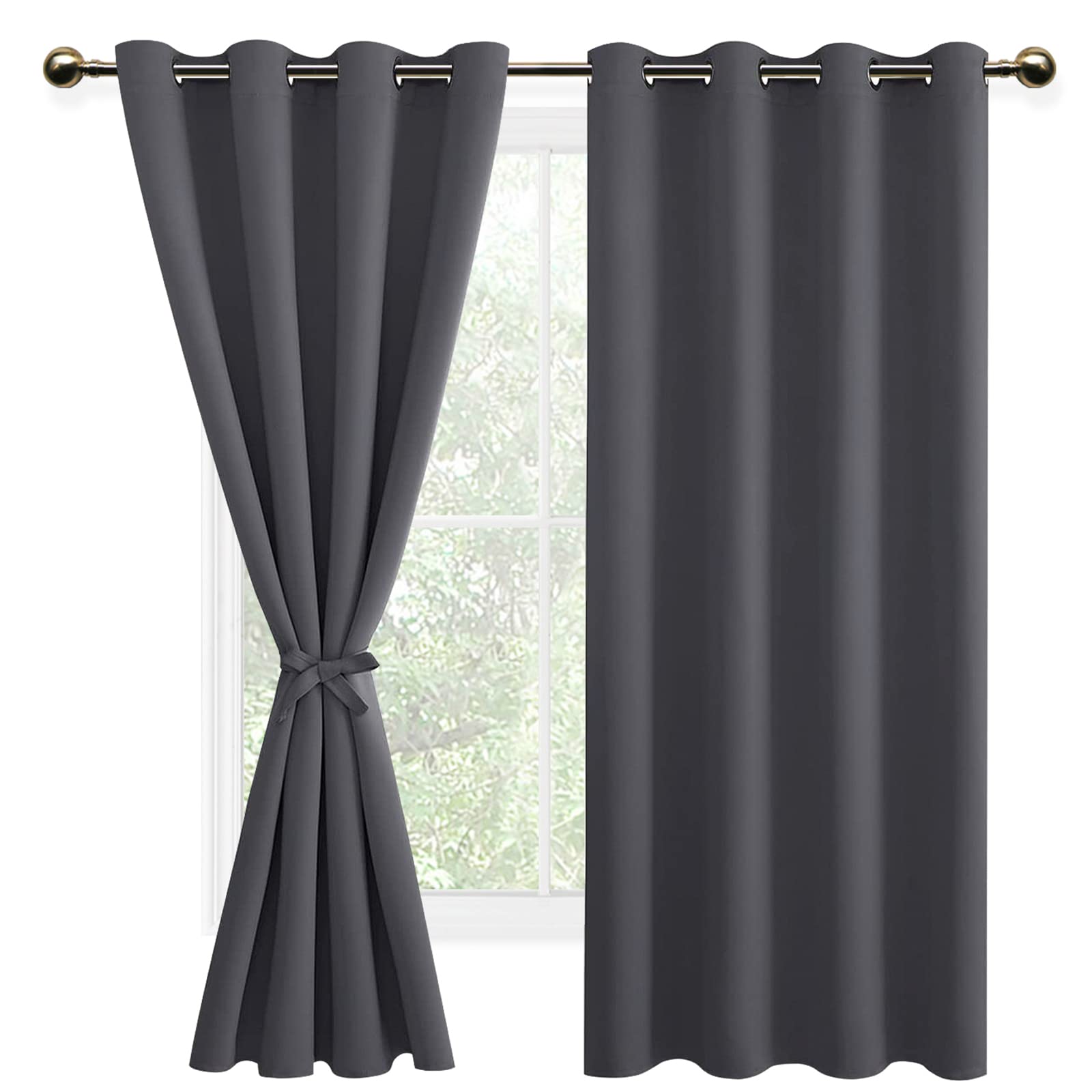 DWCN Dark Grey Blackout Curtains with Tiebacks for Bedroom Thermal Insulated Solid Eyelet Curtains for Living Room,2 Panels,52" Wide x 54" Drop
