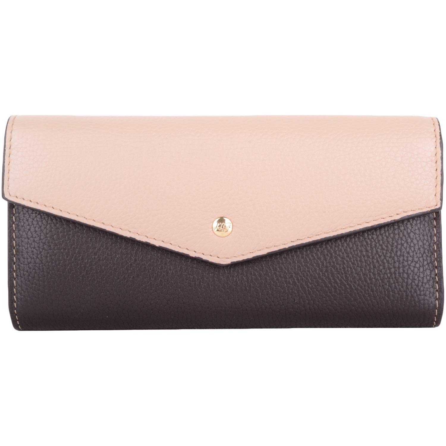 Womens Leather RFID Envelope Style Flap Over Money Credit Card Purse with Pebble Effect - Dark Brown/Beige