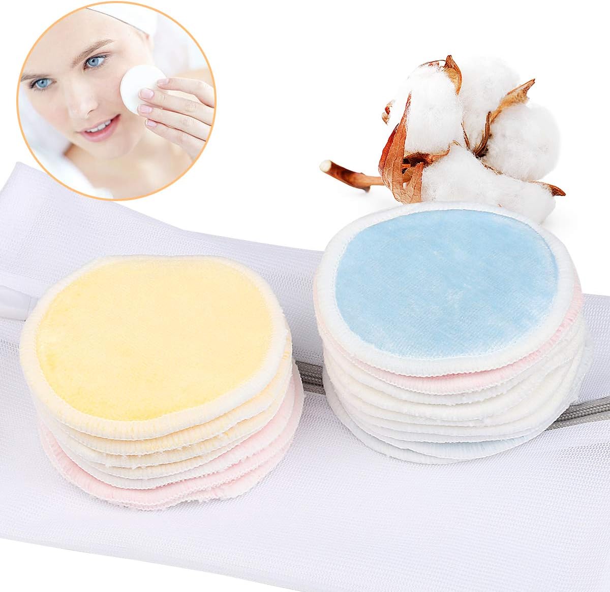 Reusable Make up Remover Pads, 16 Pack 3 Layers Organic Cotton Pads with Laundry Bag, Washable Makeup Remover Pads for Woman Girls