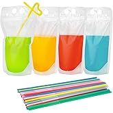Tomnk 200PCS Drink Pouches with 200 Straws, Juice Smoothie Hand-held Translucent Reusable Plastic Smoothie Drink Pouches