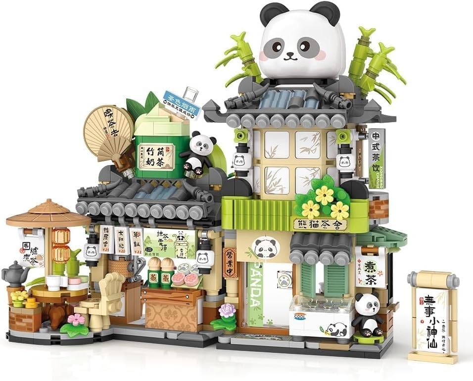 Japanese Street View City Cafe Building Kit, 860 PCS Coffee Shop Modular House Building Set, Openable Panda Construction Tea Shop Model for Boys Girls
