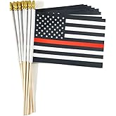 QQSD Thin Red Line American Firefighter Small Flag Stick Mini Hand Held Flags - Solid Wooden Pole with Spear Top, 12 Pack