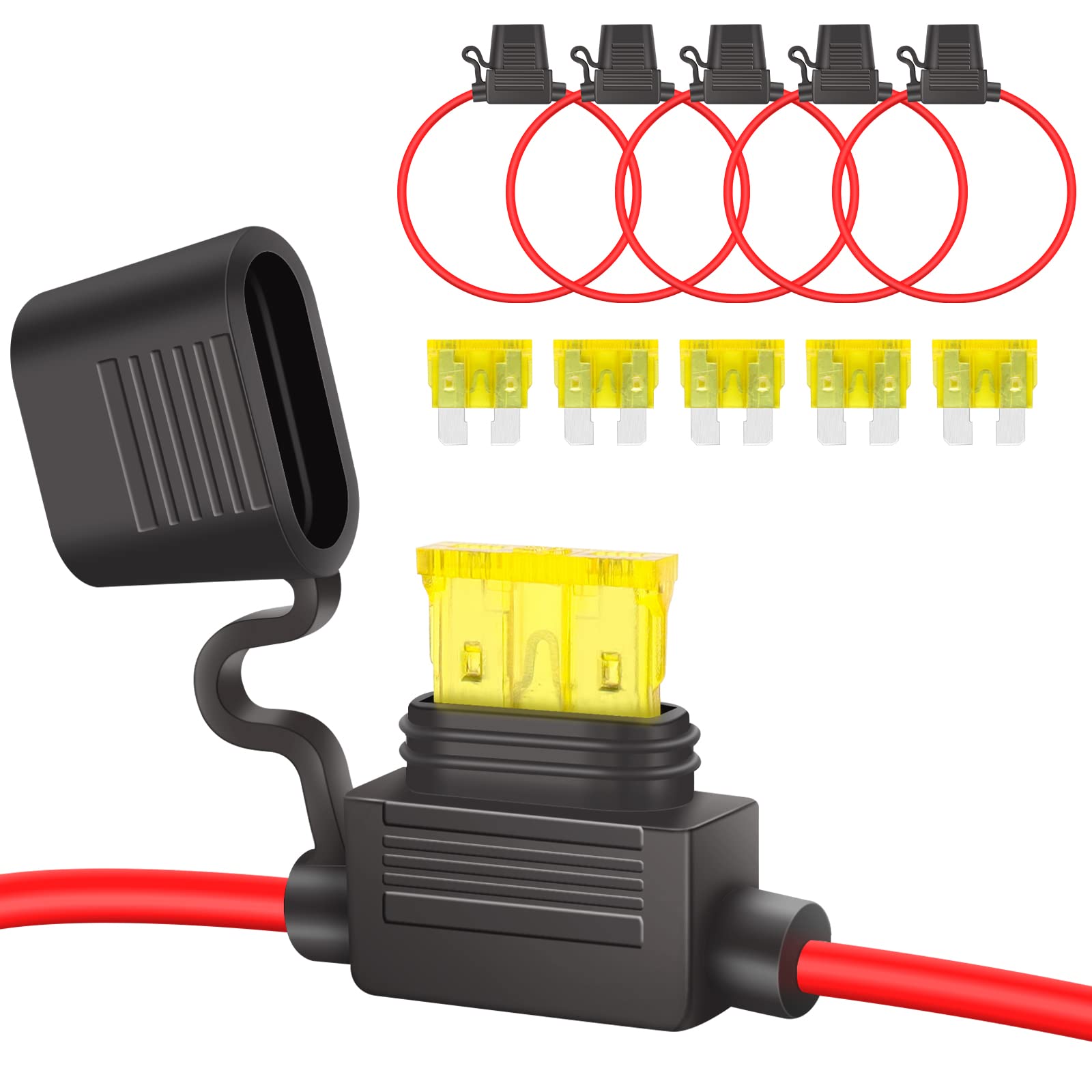 JatilEr 5 Pcs Inline Fuse Holder 12AWG 12V, Waterproof Automotive Fuse Holder Copper Wire with 20A Standard Fuses for Car/Truck/Motorcycle/Boat