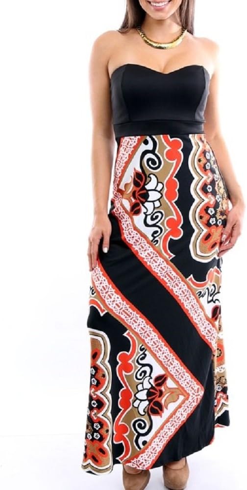 Vintage Orange Black White Beige Baroque Jacquard Floral Maxi Dress