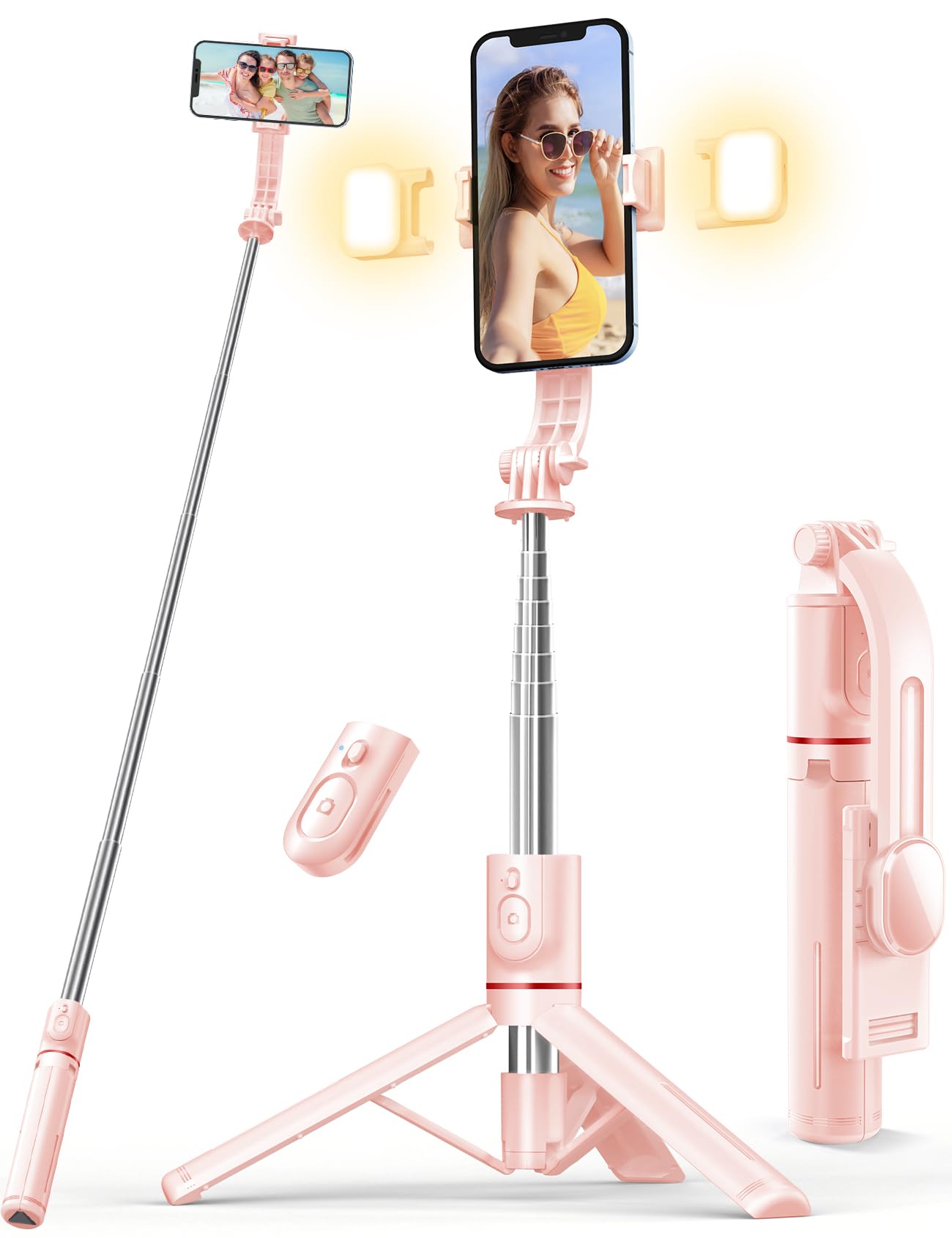 Selfie Stick with Light, 45'' Selfie Stick Tripod with Wireless Remote, Portable Travel Phone Tripod Compatible with iPhone 15 Pro Max/15/14 Pro/14/13, Samsung S22/ S23 Ultra/Android Smartphone (Pink)