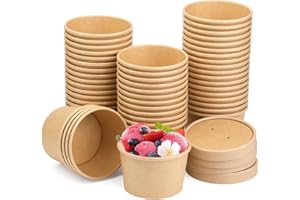 Wuadua 50 Pack 8 oz Paper Soup Containers with lids,Disposable Soup Cups, Disposable Kraft Food Cups, Ice Cream Cup, Dessert Cup, Yogurt Containers. Great For Restaurants, Take Outs, or To-Go Lunch