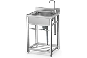 Utility Sink Standing Stainless Steel with Countertop Single Bowl Commercial Kitchen Sink Workbench/Drainboard for Commercial Restaurant Kitchen Laundry Room Backyard Outdoor