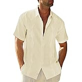 Makkrom Men Cuban Guayabera Shirts Linen Short Sleeve Button Down Cotton Mexican Beach Wedding Shirt