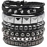 Eigso 4 Pcs Punk Leather Rock Studded Bracelets for Men Women Retro Classic Spiked Metal Cuff Bracelet Set for Man Woman