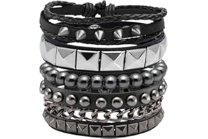 Eigso 4 Pcs Punk Leather Rock Studded Bracelets for Men Women Retro Classic Spiked Metal Cuff Bracelet Set for Man Woman