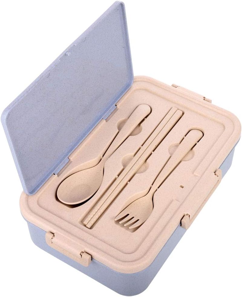 miuse Bento Box for Kids Adult Leak Proof Lunchbox 3-Compartment Food Container On-The-Go Food Meal Storage Box BPA-Free and Food-Safe Materials with Chopsticks Spoon Fork(Blue)