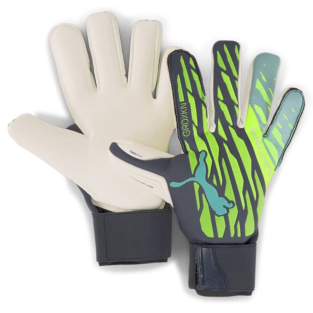 PUMA Unisex ULTRA Grip 1 Hybrid Pro Goalkeeper Gloves, Green Glare-Elektro Aqua, size: 8