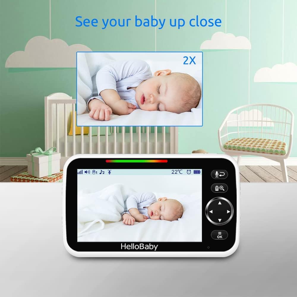HelloBaby Baby Monitor 2 Cameras with Mount, Upgrade 5’’ Screen 26-Hour Battery Life, Crib Baby Monitor Mount Without Tools or Wall Damage