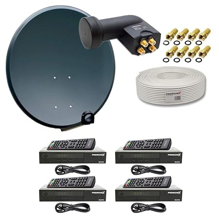 PremiumX Digital HD Sat Anlage für 4 Teilnehmer 60cm Schüssel Anthrazit mit Quad LNB 0,1 dB + 50m Koaxial Kabel + 4X HDTV Dig