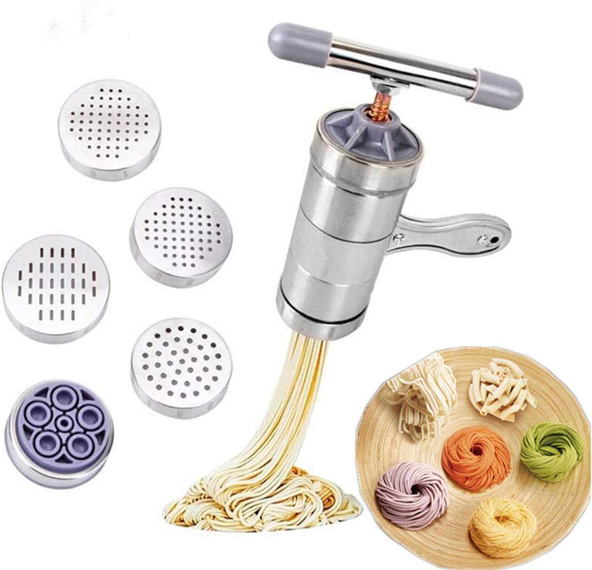 LaceDaisy Portable Stainless Steel Manual Noodle Maker Noodle Pasta Machine Cutter Fruits Juicer With 5 Pressing Moulds Kitchen Tool