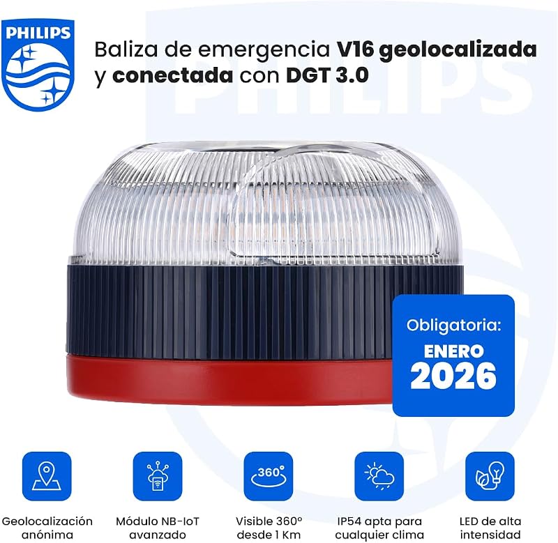 Baliza de Emergencia V16 con Geolocalización y Conexión DGT 3.0 – Homologada, Plan de Datos Incluido, Base Magnética, Alta Visibilidad 1km, Resistente Lluvia y Viento, Pilas AA inlcuidas