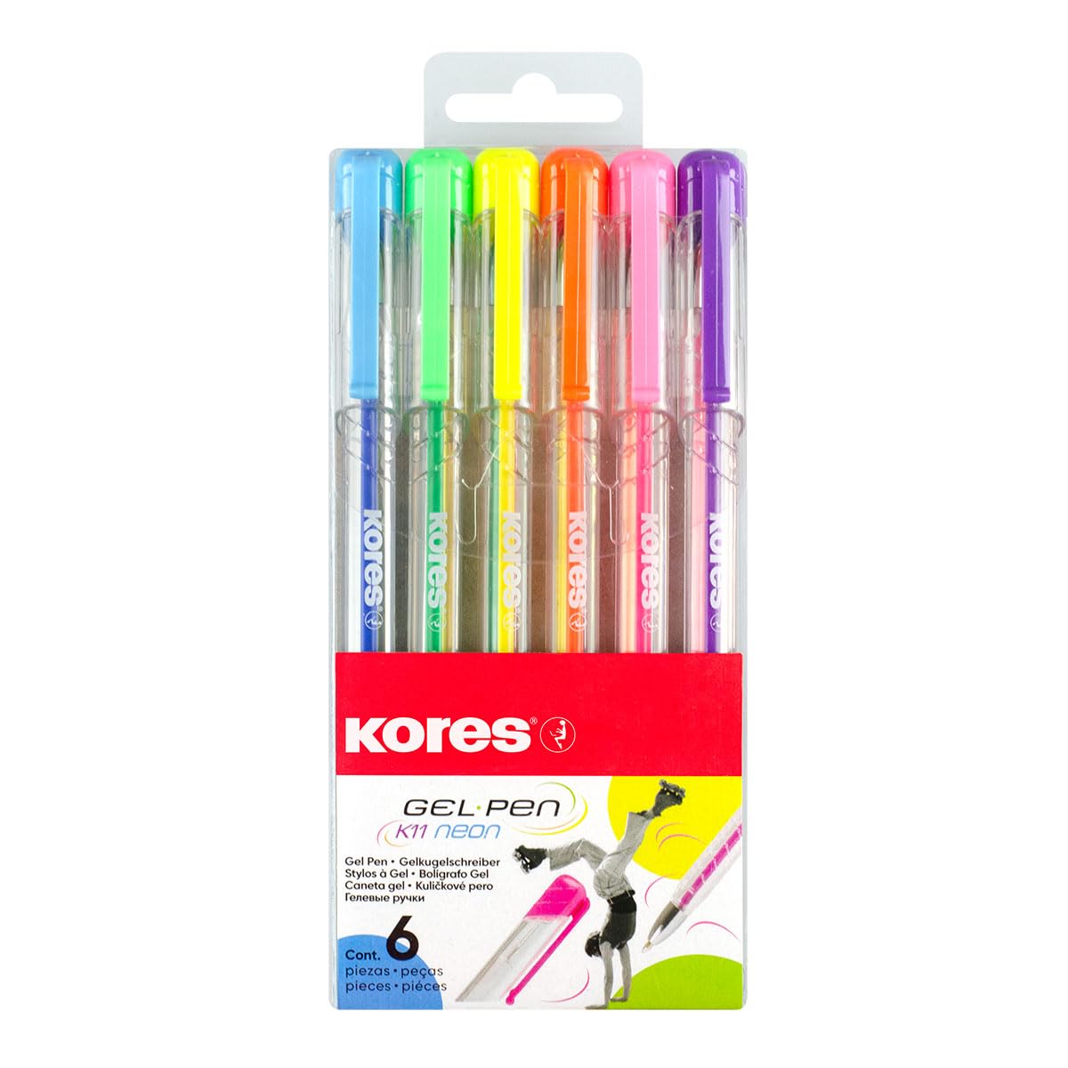 Kores - Neon Gel Pens - K11, 0,8 mm, Ergonomic Triangular Shape, Chrome Tip, Gel Ink - Back to School Supplies, Crafts and Writing Pens, Pens Multipack - Pack of 6 in Assorted Colours