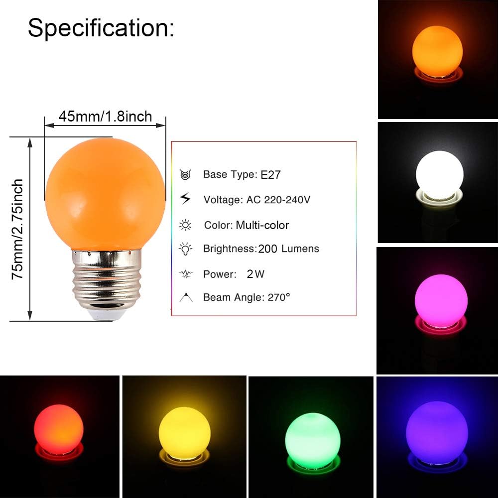 HUAMu 10Pack Colored Bulbs LED 2W E27 G45 Lighting Bulbs,LED Coloured GolfBall Bulb - Image 3