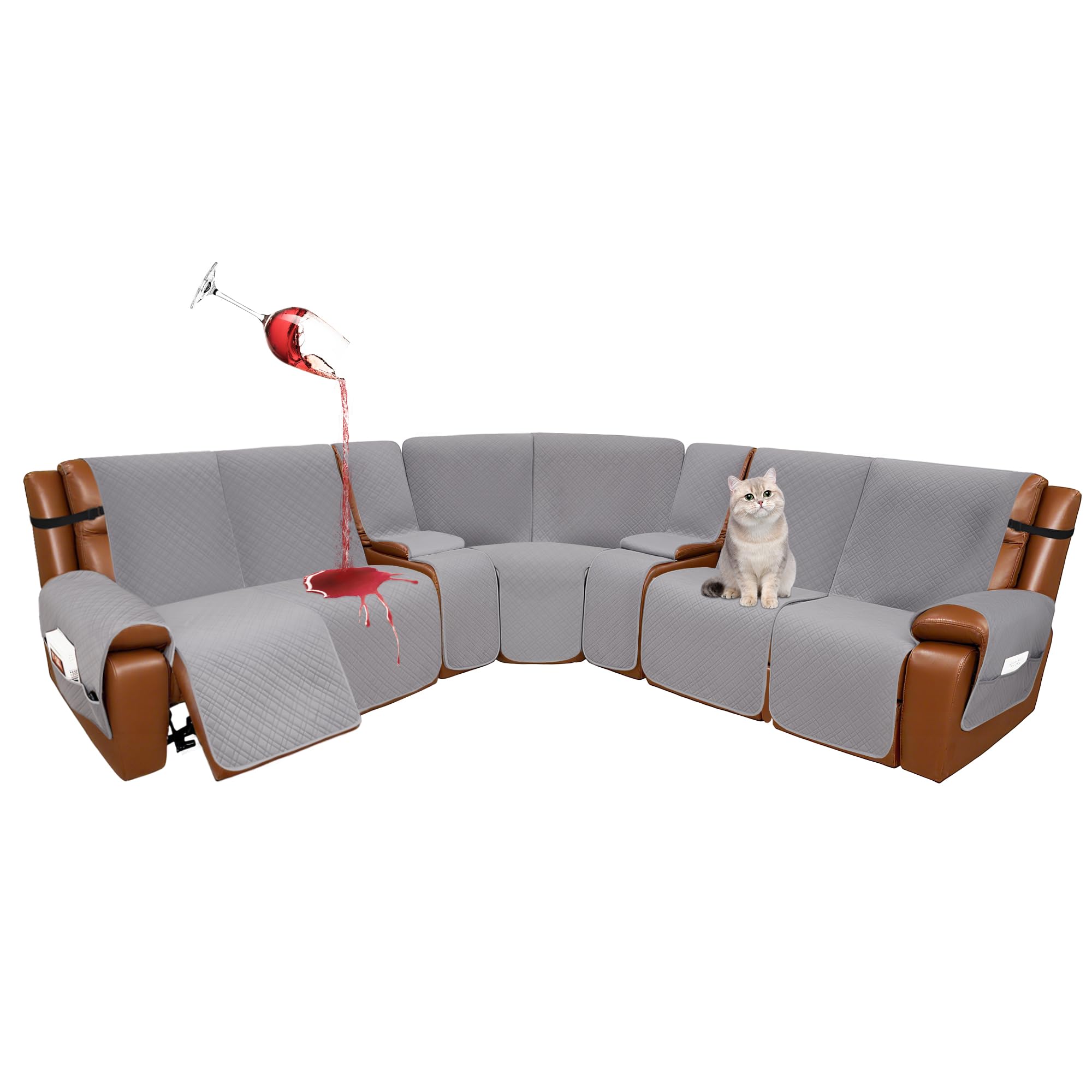 Photo 1 of YUEVELLA Velvet 1OO% Waterproof Reclining Sectional Couch Covers for Sectional Sofa L Shape 9-Piece Quilted Corner Recliner Sofa Cover Slipcovers Set Washable (5 Seater with 2 Console, Silvery Grey)