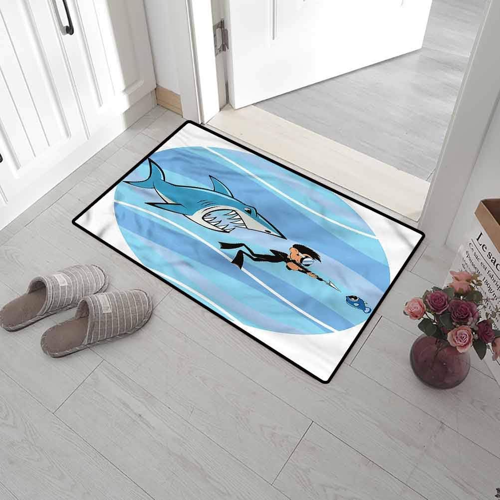 SCOCICI1588 Bath Mat Fun, Angry Shark Chasing a Diver Low-Profile Front Back Door Rug Super Absorbent Mud and Water 20 x 31 Inch