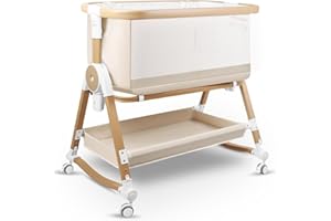 suihuooo 4 in 1 Baby Bassinet, Bassinets Bedside Sleeper with Wheels and Storage Basket, Adjustable 7 Heights Bedside Sleeper with Mosquito Net, Breathable Mesh Rocking Bassinet for Baby