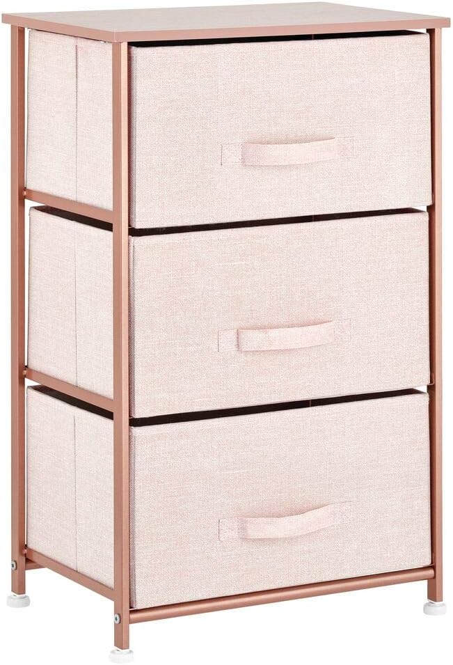 mDesign Vertical Dresser Storage Tower - Sturdy Steel Frame, Wood Top, Easy Pull Fabric Bins - Organizer Unit for Bedroom, Hallway, Entryway, Closets - Textured Print, 3 Drawers - Light Pink/Rose Gold: Home & Kitchen