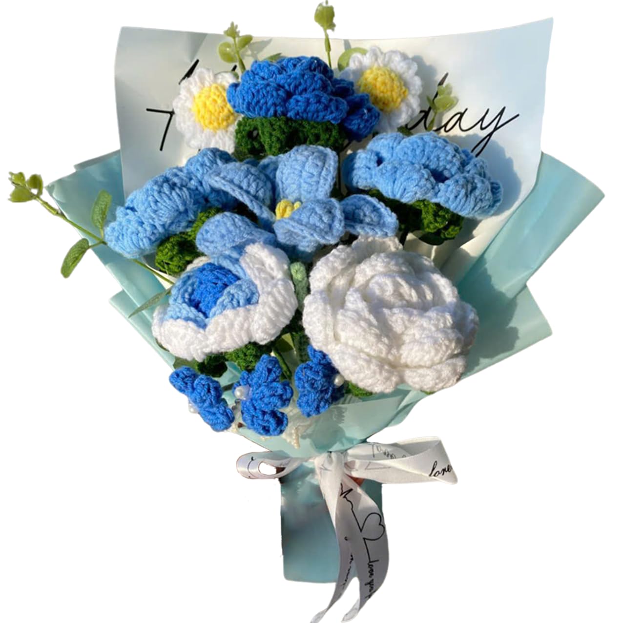Photo 1 of Tokatan Completed Crochet Flowers Bouquet, Handmade Knitted Bouquet, Crochet Artificial Flowers for Mother's Day, Graduation, Birthday, Wedding, Home Decor, Gifts (Blue Rose)