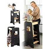 Xubby Lullza Toddler Step Stool - Adjustable Height Wooden Step Stool for Counter, Kids Kitchen Step Stool, Kitchen Tower for Toddlers, Grows with Your Child, Black