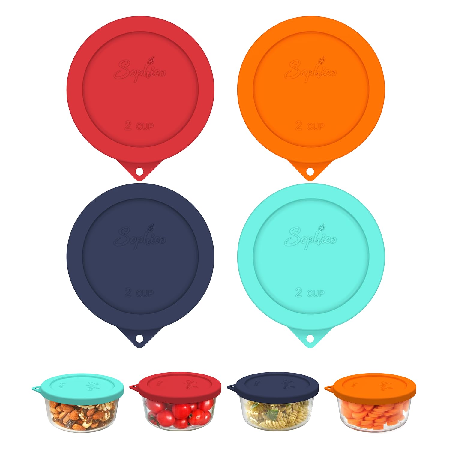 Sophico 2 Cup Round Silicone Storage Cover Lids Replacement for Anchor Hocking and Pyrex 7200-PC Glass Bowls (Container not Included) | Mix | 4 Pack